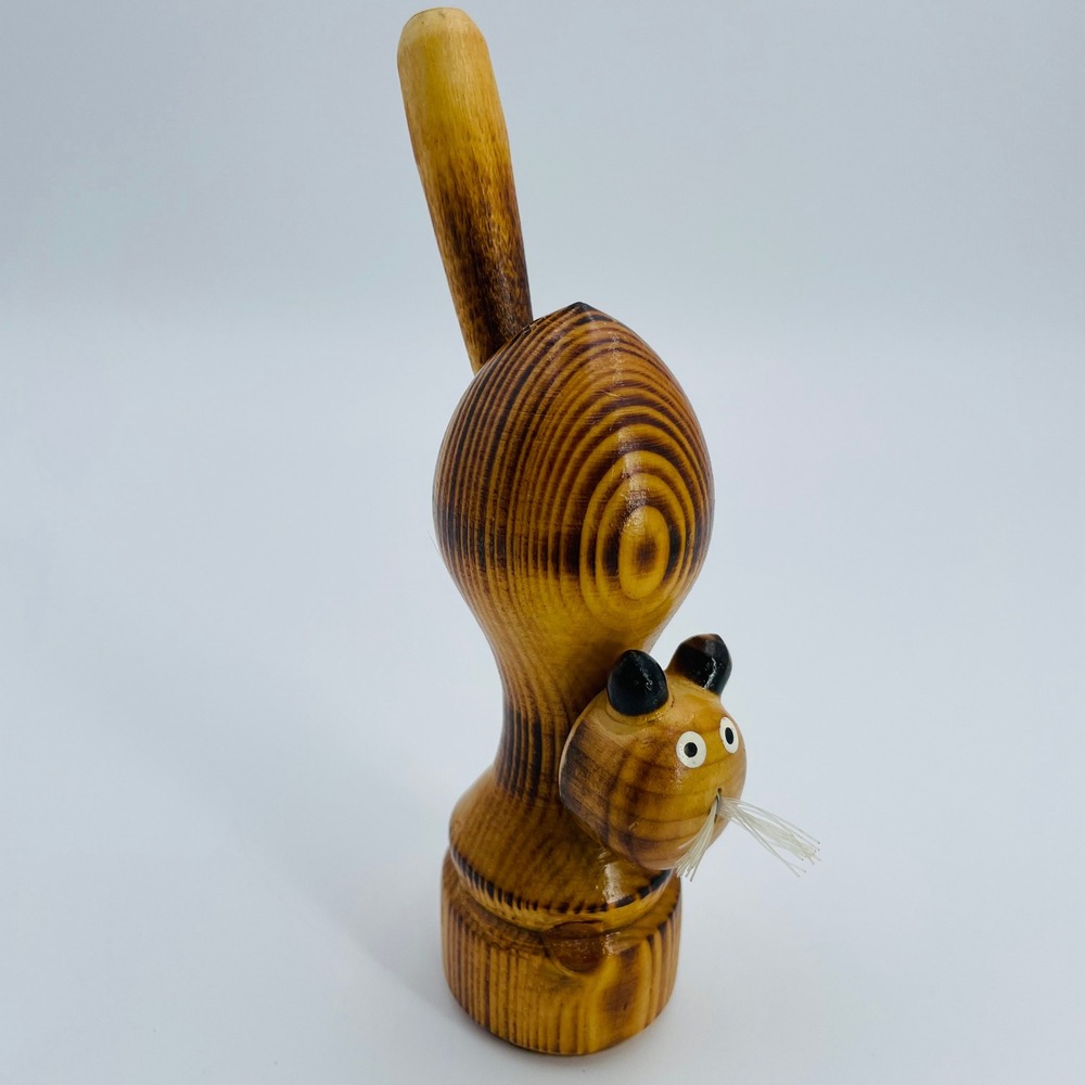 Vintage Hand Carved Wood Whistle Cat Folk Art Figurine Toy